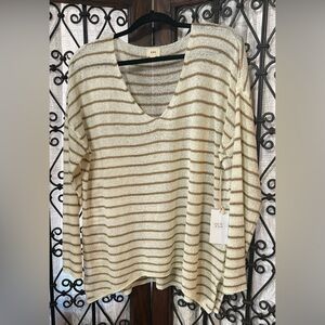 O&O California Women's Striped V-Neck Sweater - Beige and Tan
